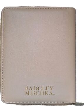 Badgley Mischka Tan Beige Gold Faux Leather Zip Notebook Organizer Journal Cover